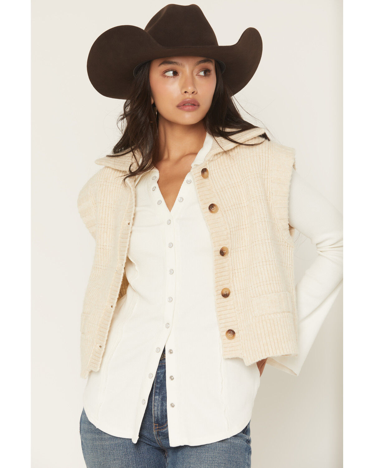 Image #1 - Cleo + Wolf Women's Button-Down Sweater Vest, Sand, hi-res