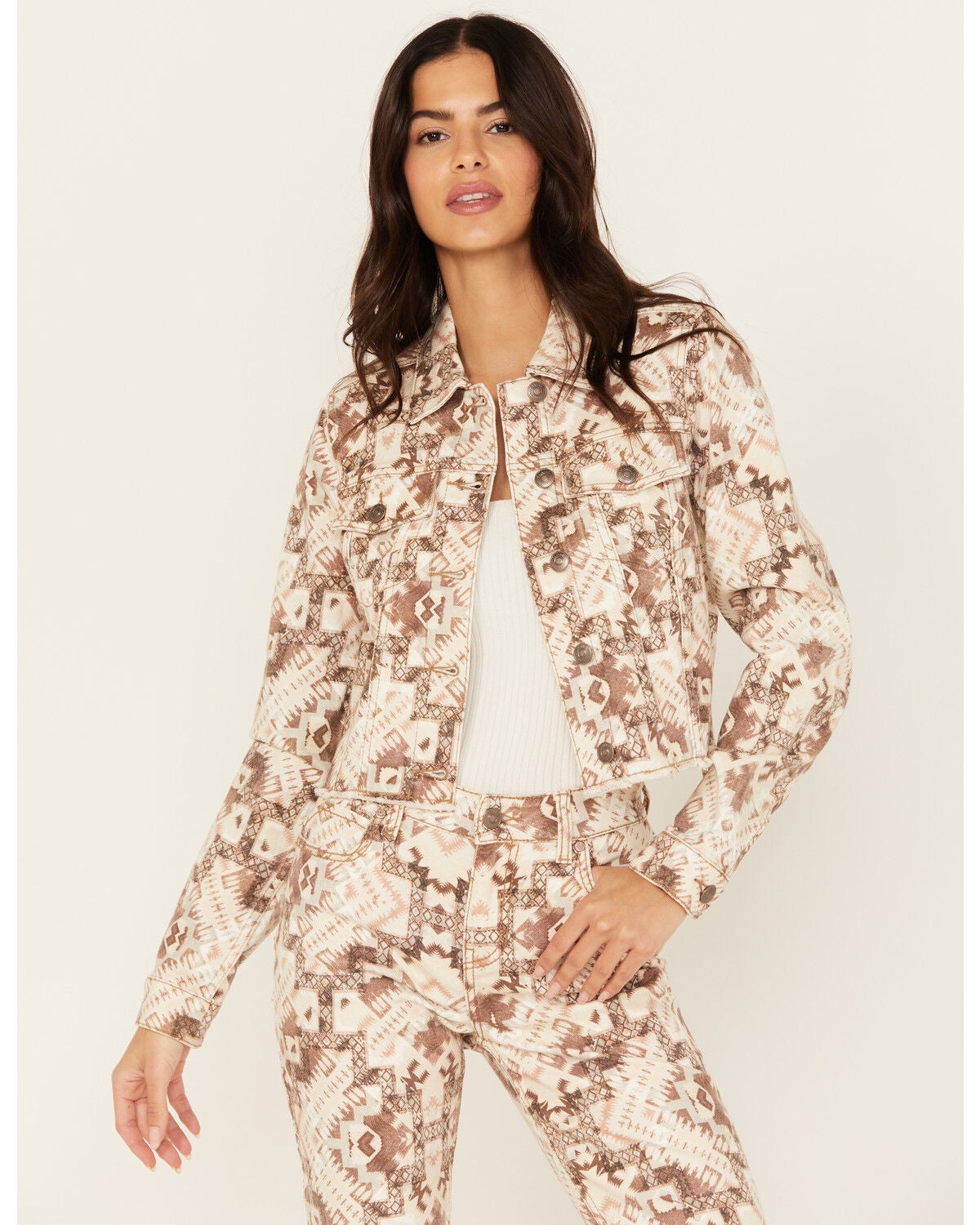 Shyanne Women's Southwestern Printed Cropped Jacket, Grey, hi-res
