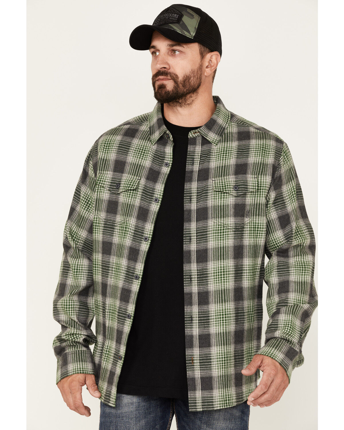 Image #1 - Brothers and Sons Men's Plaid Print Long Sleeve Button Down Flannel Shirt, Green, hi-res