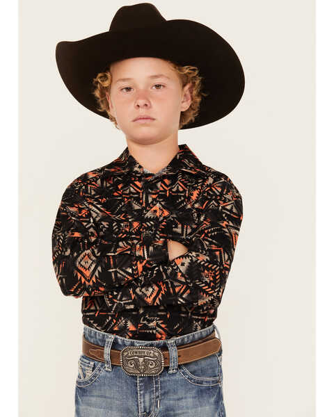 Image #1 - Rock & Roll Denim Boys' Southwestern Print Long Sleeve Snap Shirt, Black, hi-res