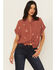 Image #1 - June & Hudson Women's Western Embroidered Short Sleeve Tie-Front Top, Red, hi-res