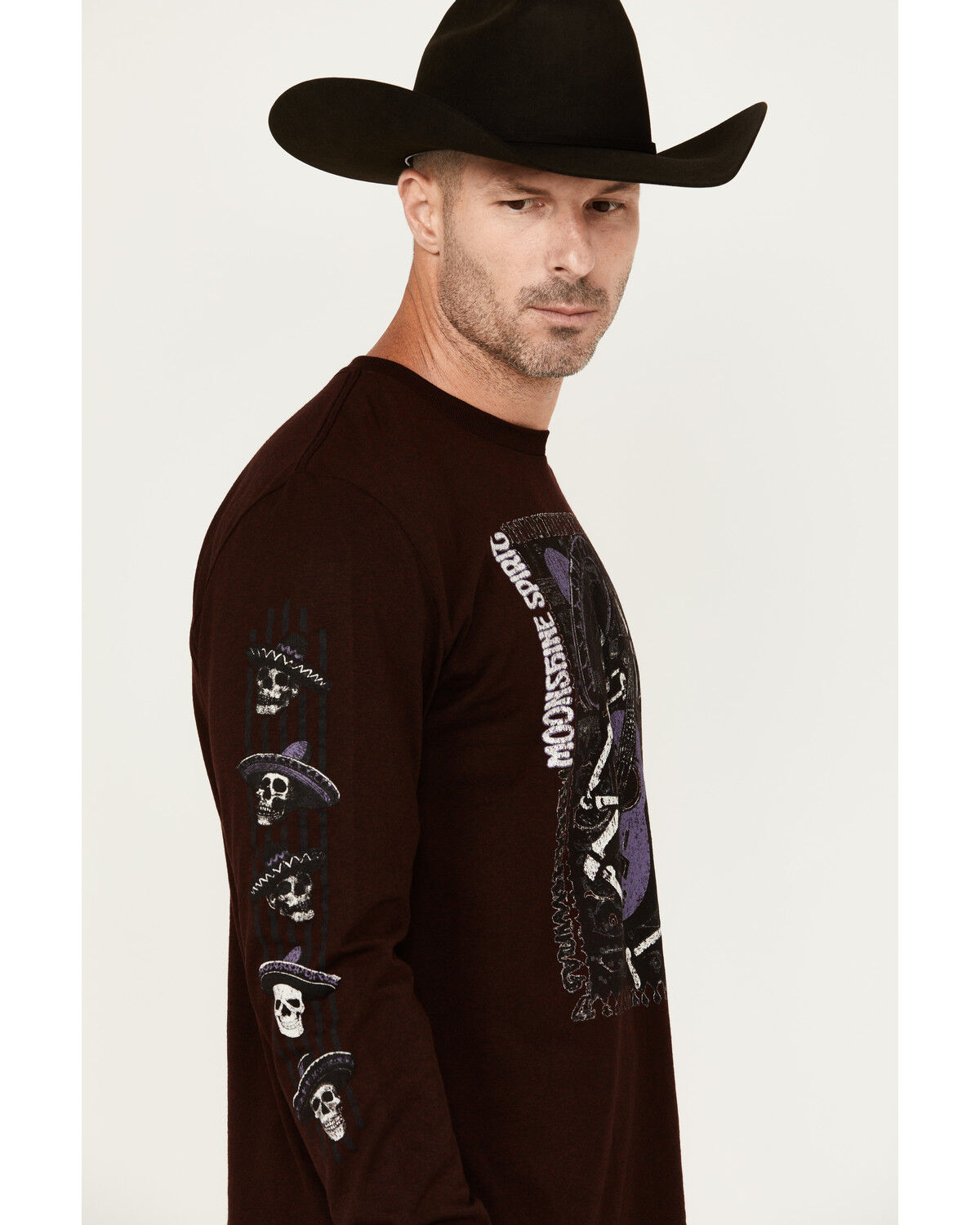 Image #2 - Moonshine Spirit Men's Skully Graphic Long Sleeve T-Shirt, Burgundy, hi-res