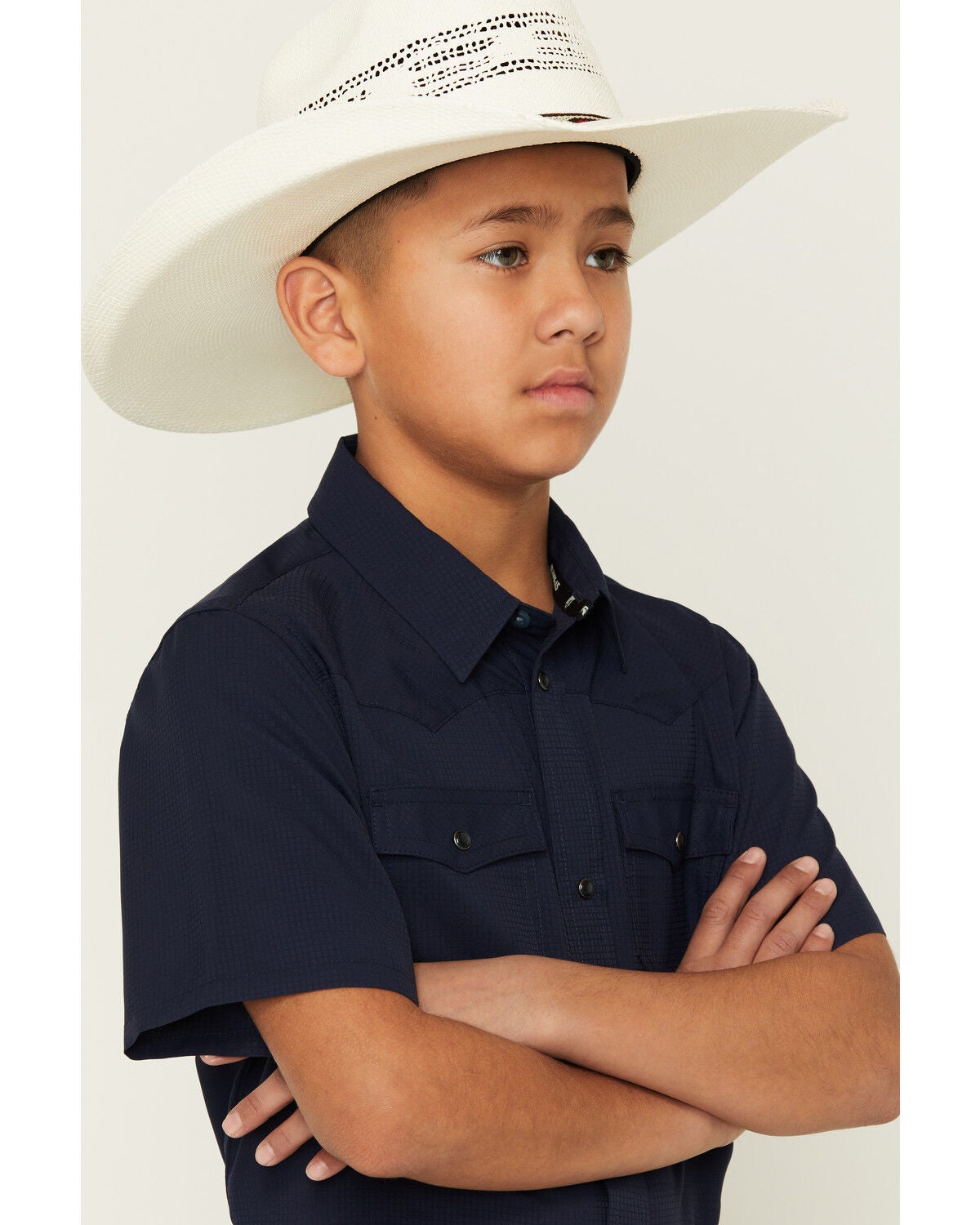 Image #2 - RANK 45&reg; Boys' Ridge Solid Short Sleeve Pearl Snap Performance Western Shirt, Navy, hi-res