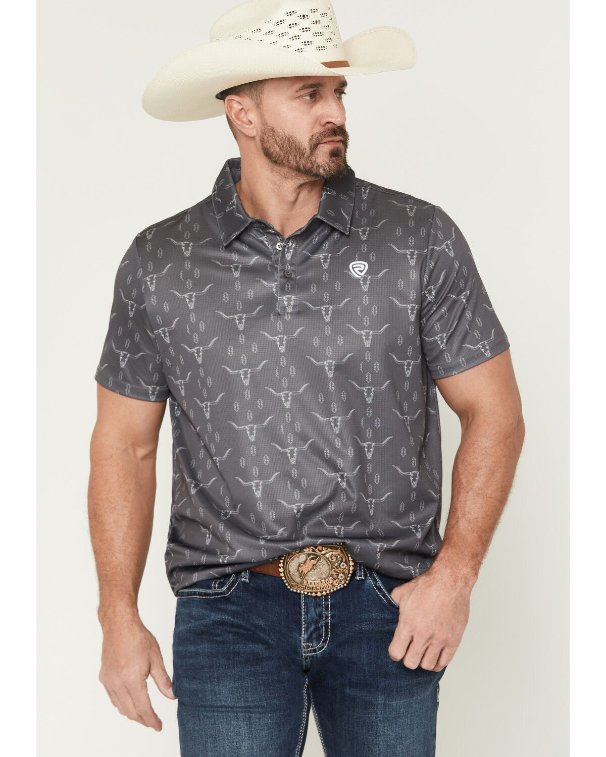 Image #1 - Rock & Roll Denim Men's Steer Skull Print Short Sleeve Button-Down Stretch Polo, Charcoal, hi-res