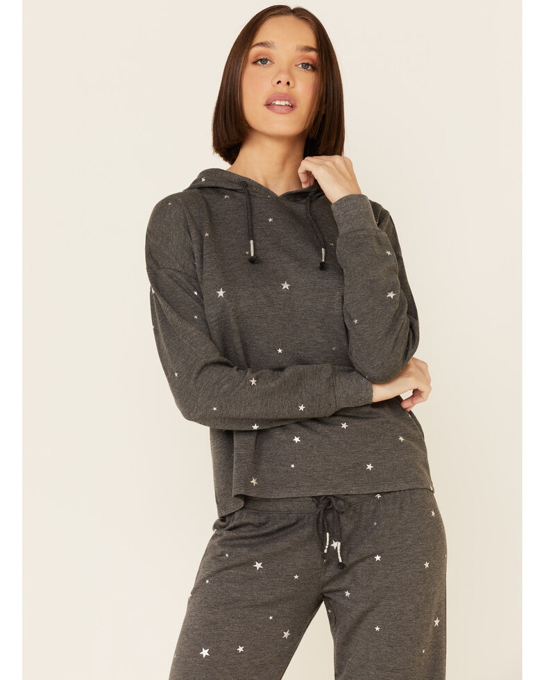 PJ Salvage Women's Charcoal Star Print Pullover Hoodie , Charcoal, hi-res