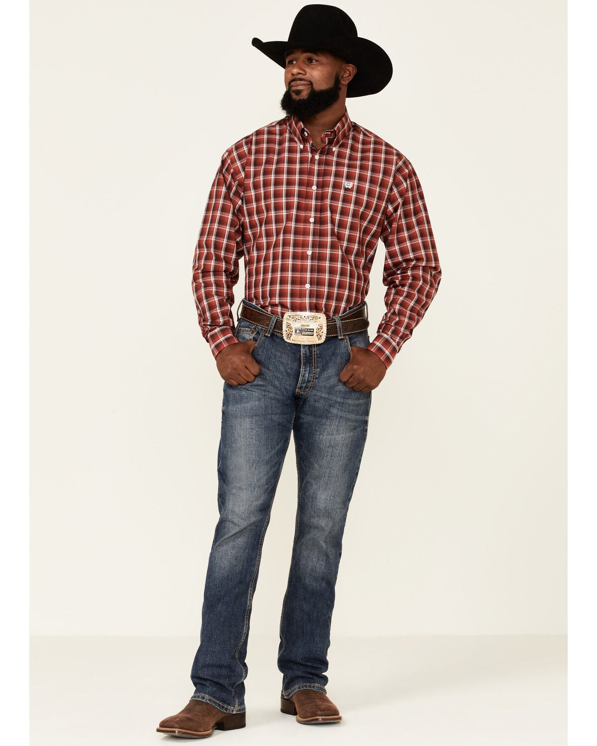 Cinch Men's Coral Red Plaid Long Sleeve 