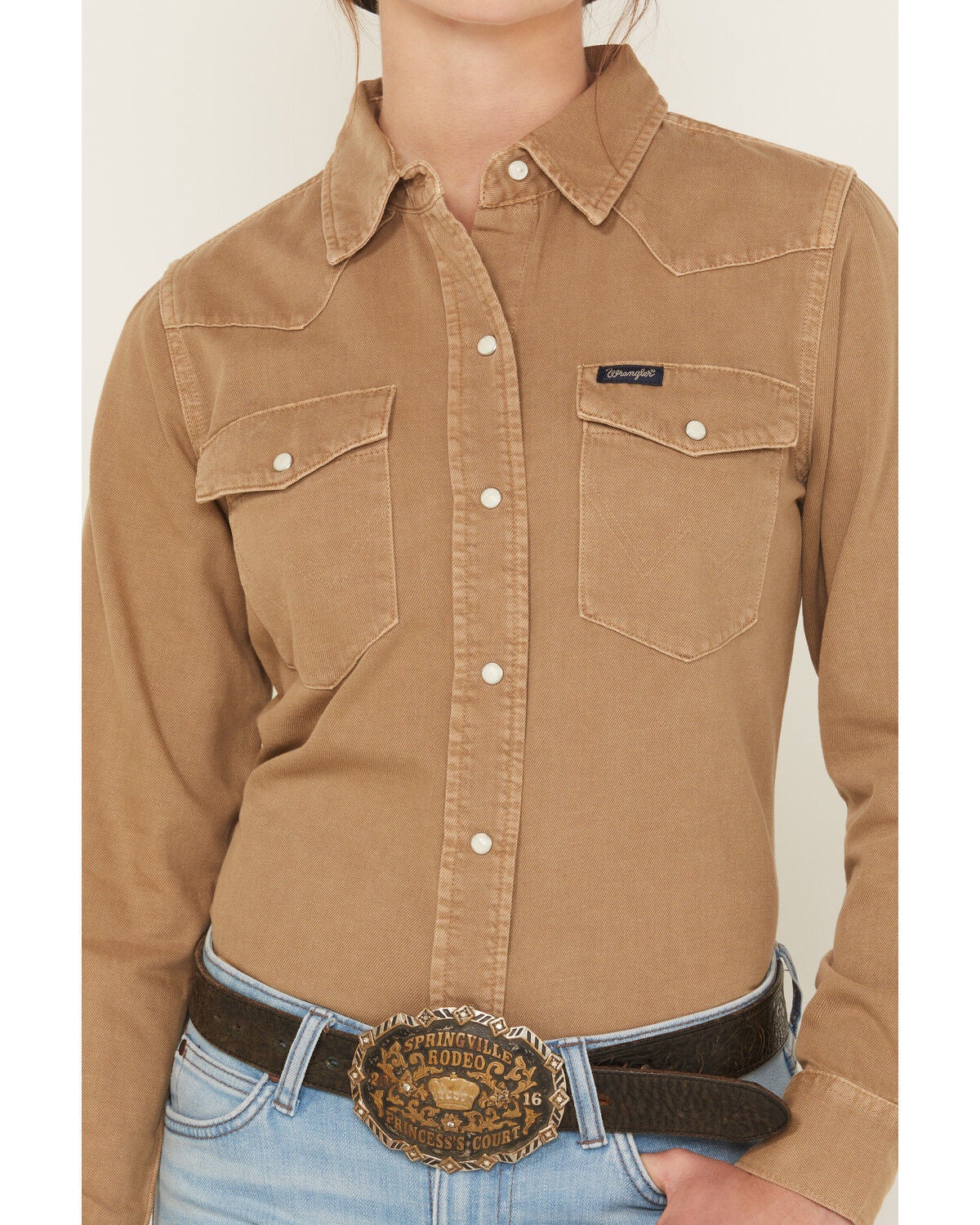 Image #3 - Wrangler Retro Women's Vintage Denim Long Sleeve Snap Western Shirt, Tan, hi-res