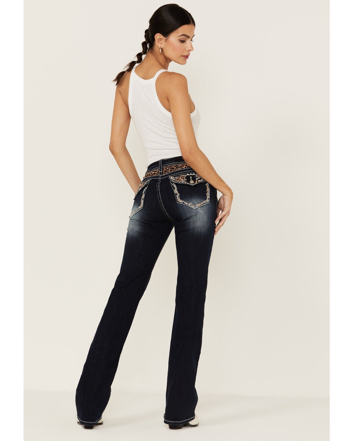Leopard Print Pocket Bootcut Jeans 