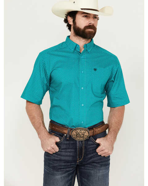 Ariat Men's Judd Geo Print Short Sleeve Button-Down Western Shirt , Turquoise, hi-res