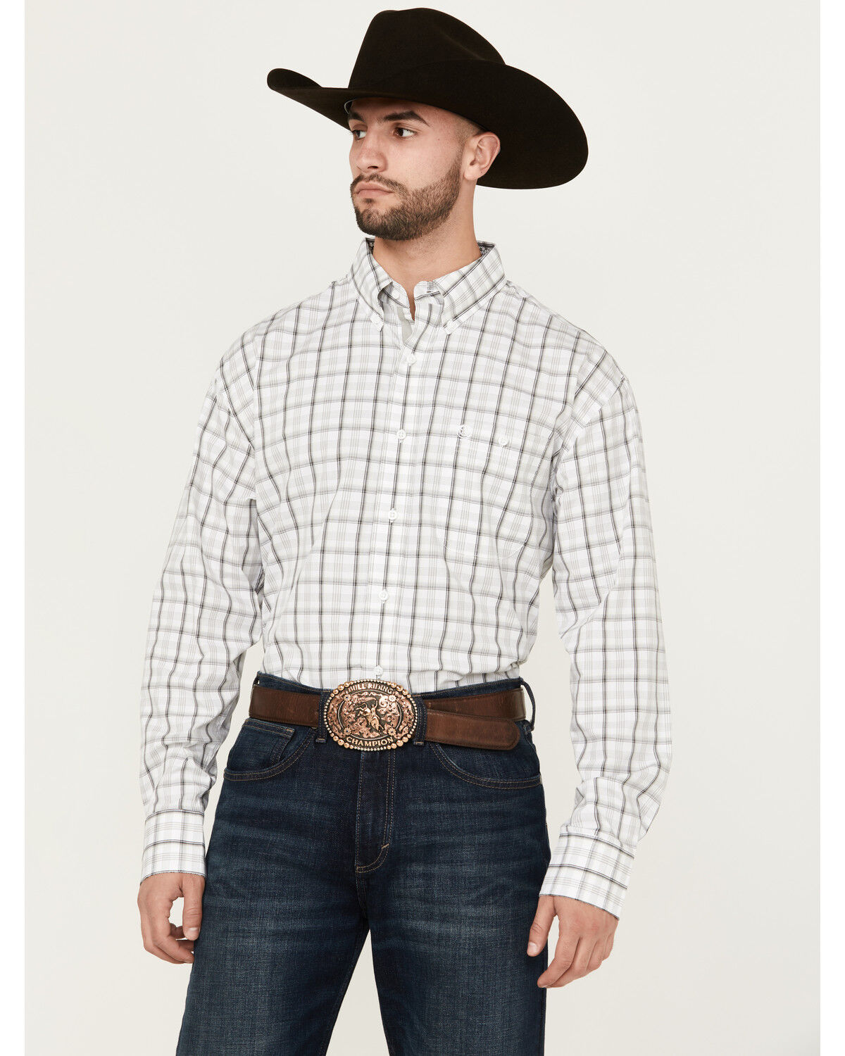 Image #1 - George Strait by Wrangler Men's Plaid Print Long Sleeve Button-Down Stretch Western Shirt, White, hi-res
