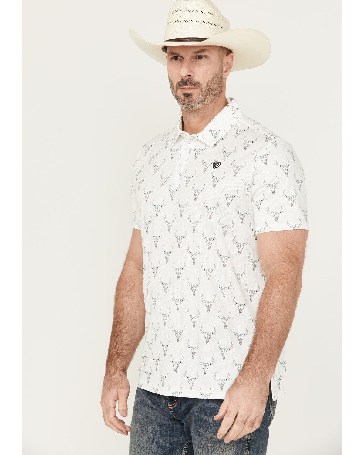 Image #2 - Rock & Roll Denim Men's Longhorn Print Short Sleeve Button-Down Polo, White, hi-res