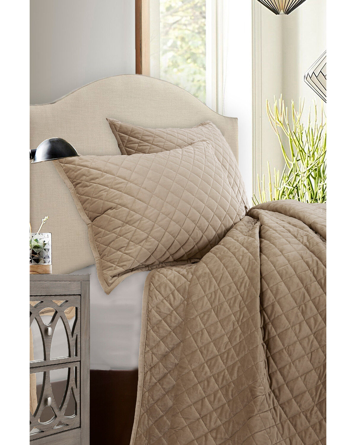 Image #1 - HiEnd Accents Velvet 3pc Quilt Set - King, Oatmeal, hi-res
