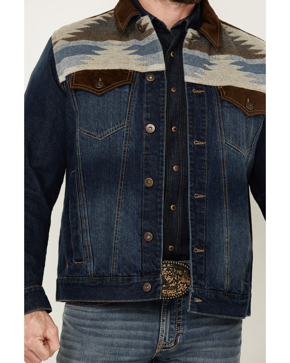 Image #3 - Cody James Men's Freedom Southwestern Yoke And Suede Trim Denim Jacket, Dark Wash, hi-res