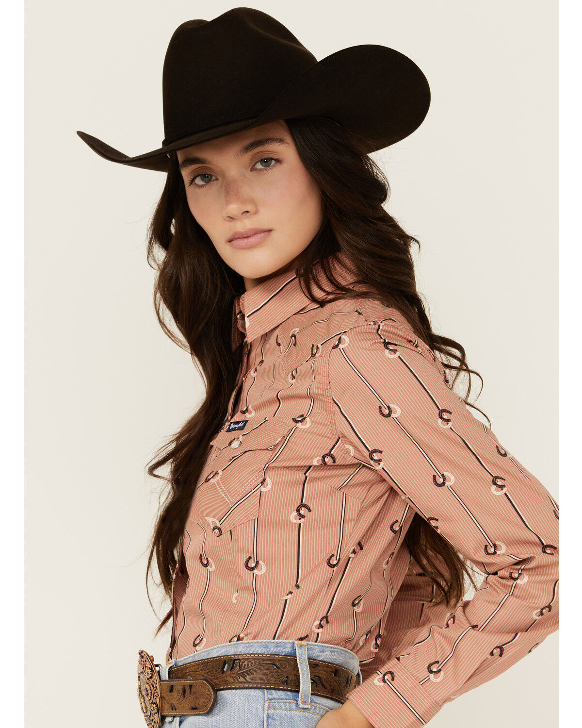 Image #2 - Wrangler Retro Women's Horseshoe Striped Print Long Sleeve Snap Western Shirt, Rose, hi-res