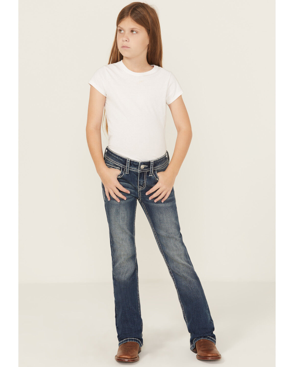 Image #3 - Grace in LA Girls' Dark Wash Steer Head Pocket Bootcut Denim Jeans, Medium Wash, hi-res