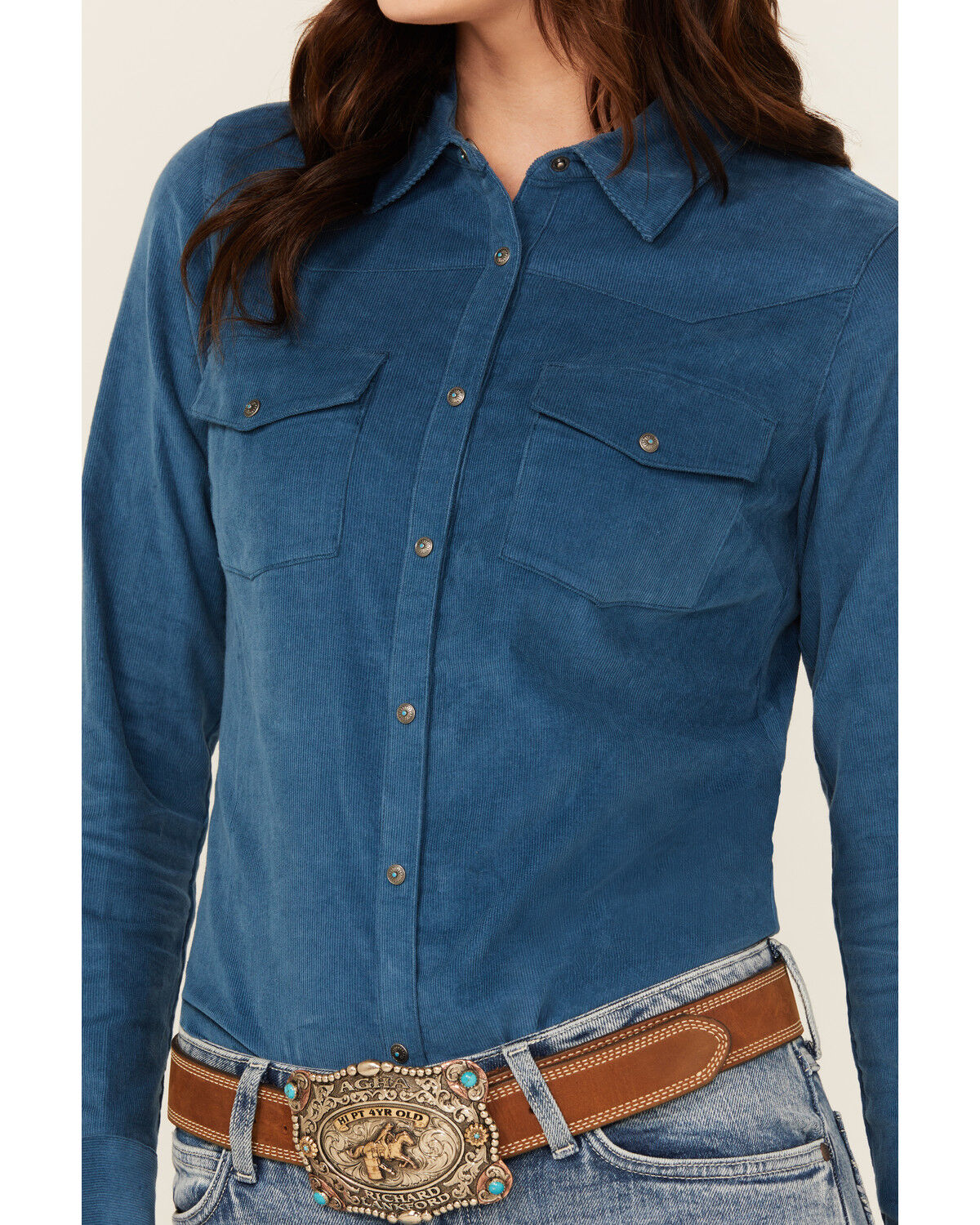 Image #3 - Shyanne Women's Wale Corduroy Long Sleeve Snap Western Shirt, Royal Blue, hi-res