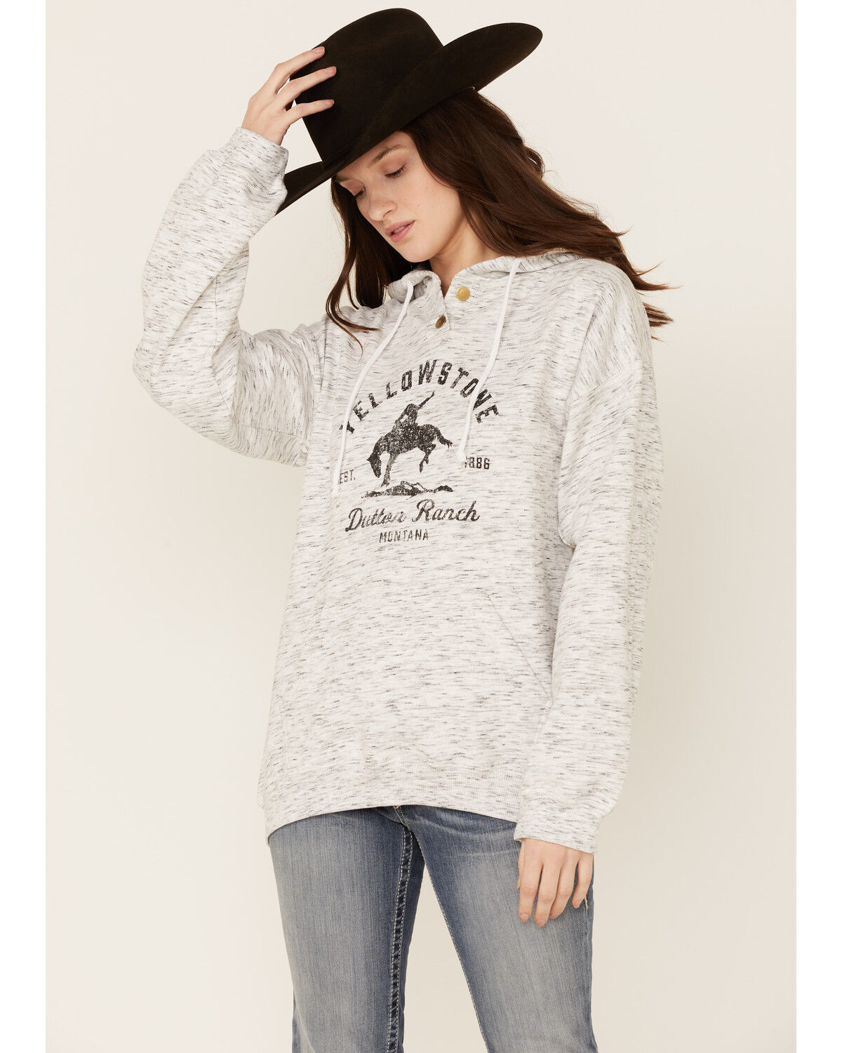 Image #1 - Paramount Network's Yellowstone Women's Bronco Graphic Hooded Pullover, Heather Grey, hi-res