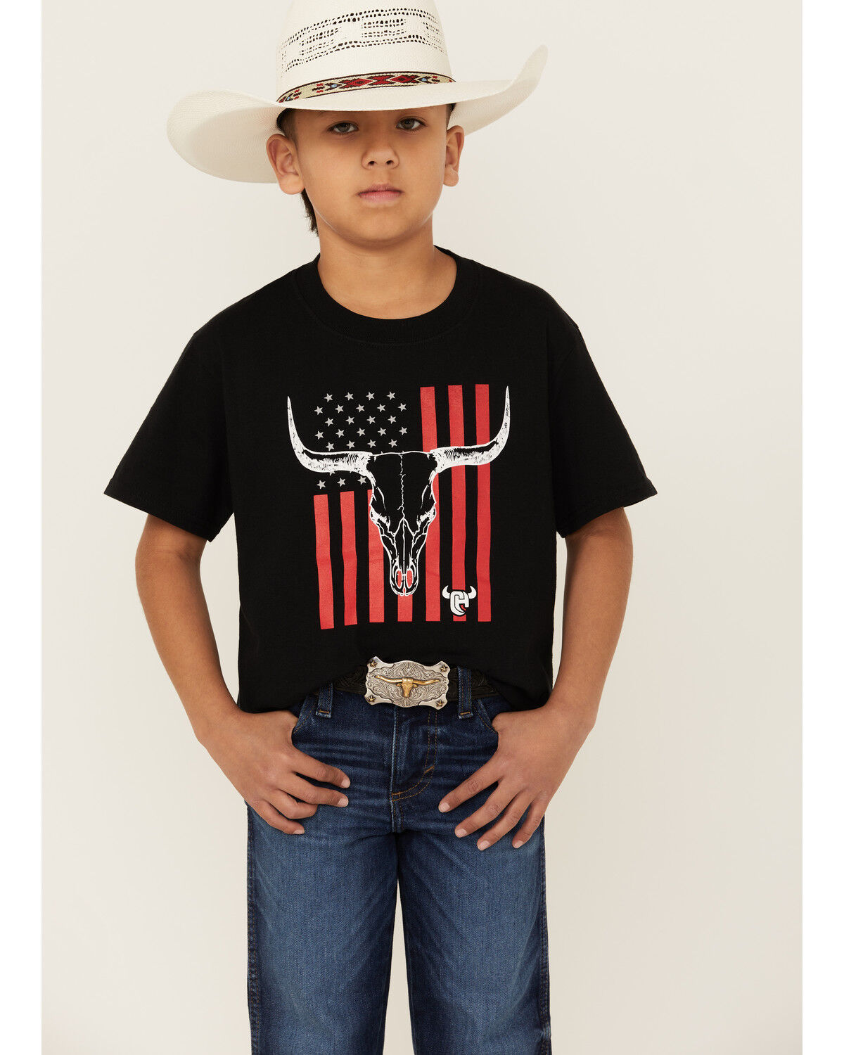 Image #1 - Cowboy Hardware Boys' Flag Steerhead Short Sleeve Graphic T-Shirt, Black, hi-res