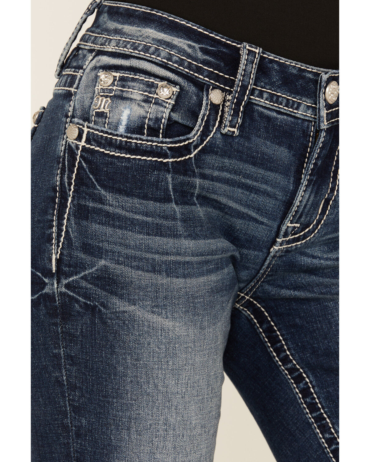 Image #4 - Miss Me Women's Dark Wash Mid Rise Geo Pocket Bootcut Stretch Denim Jeans, Dark Wash, hi-res