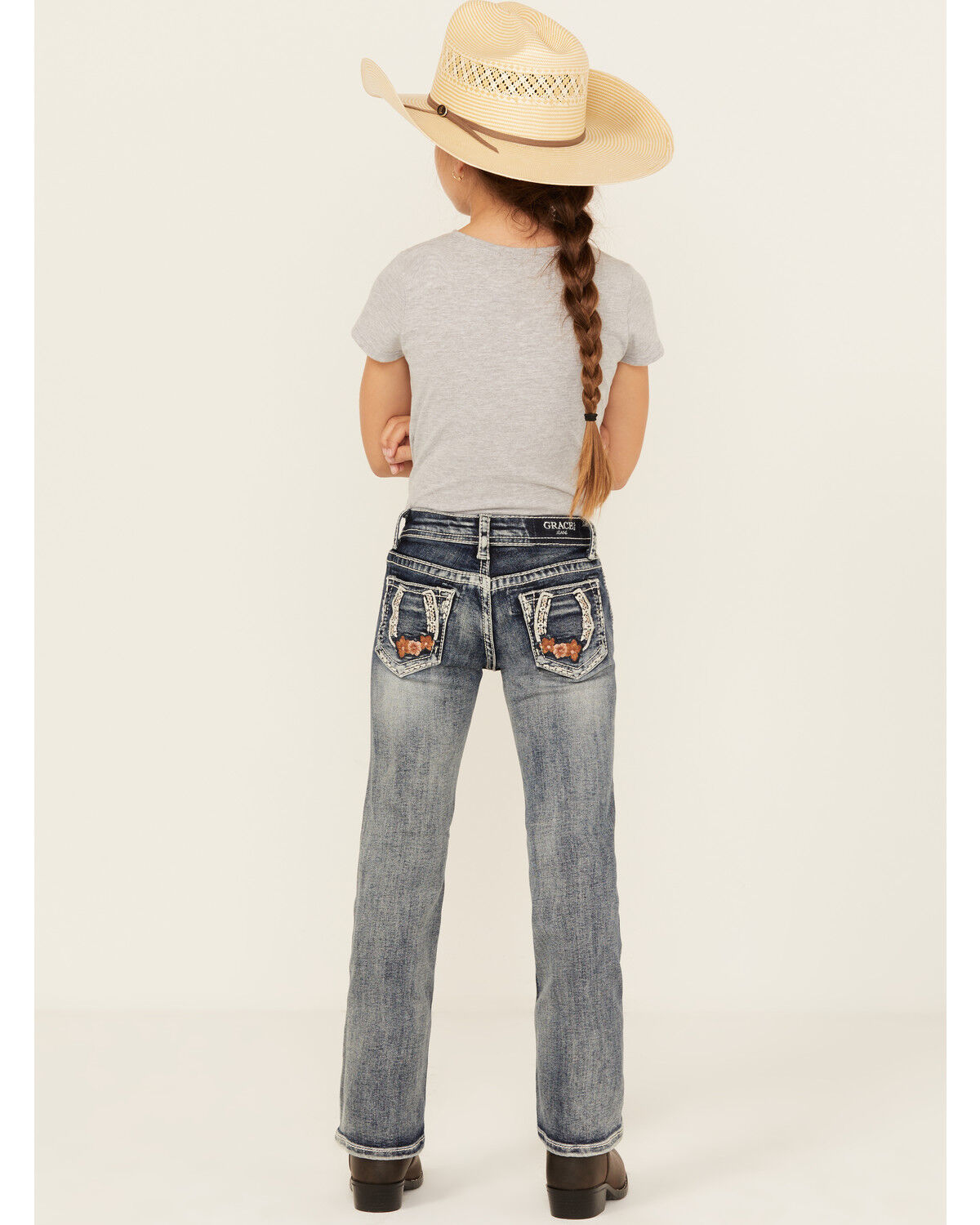 Image #1 - Grace in LA Little Girls' Light Wash Horseshoe Floral Bootcut Denim Jeans, Medium Wash, hi-res