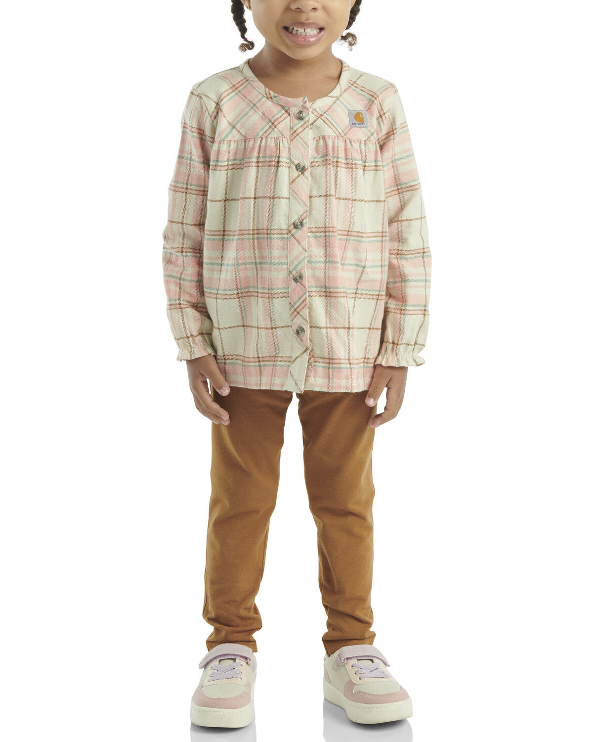 Image #1 - Carhartt Toddler Girls' Plaid Print Long Sleeve Button-Down Shirt And Leggings Set - 2 Piece, Pink, hi-res