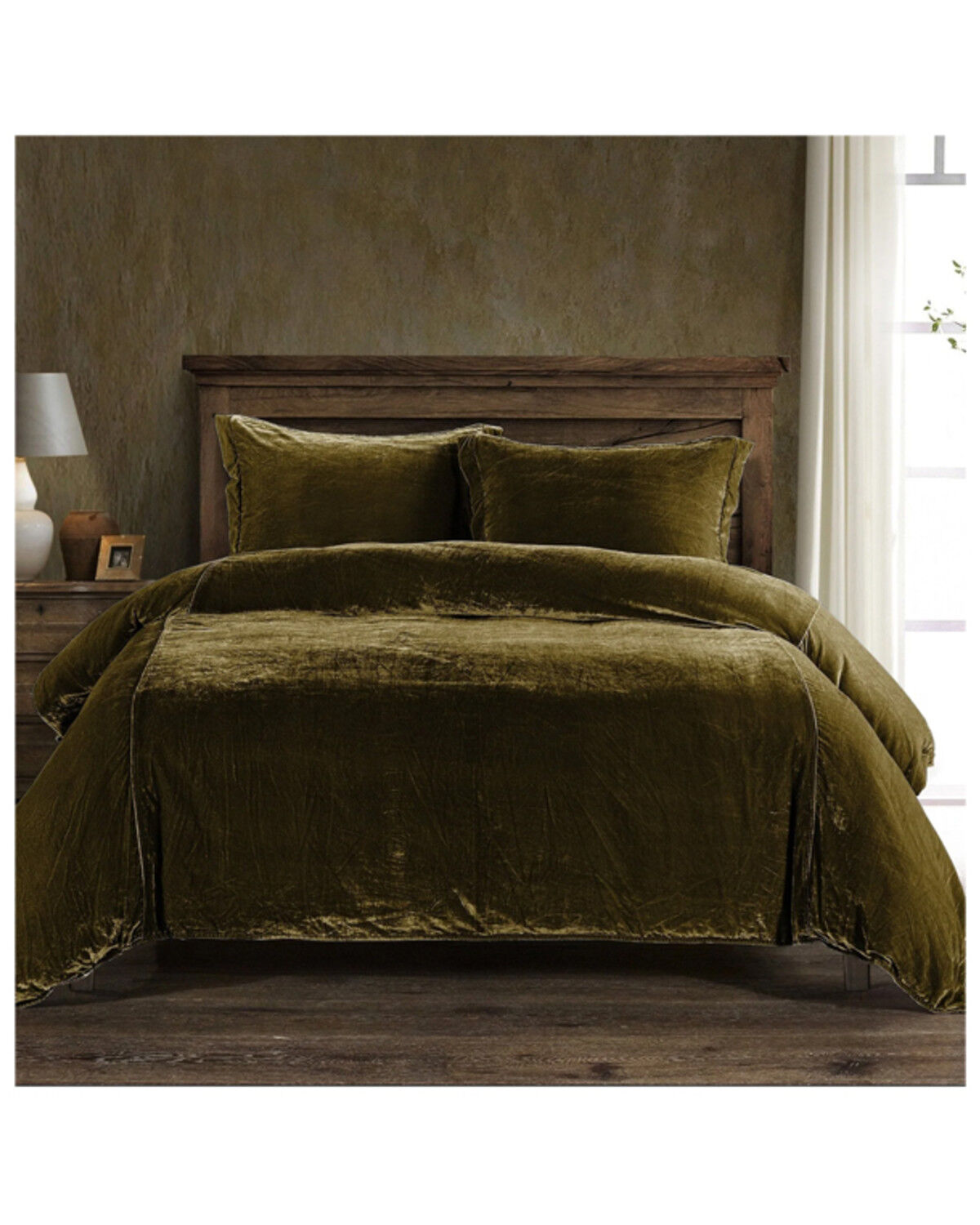 Image #1 - HiEnd Accents Green Stella Faux Silk & Velvet Super King 3-Piece Duvet Cover Set, Green, hi-res