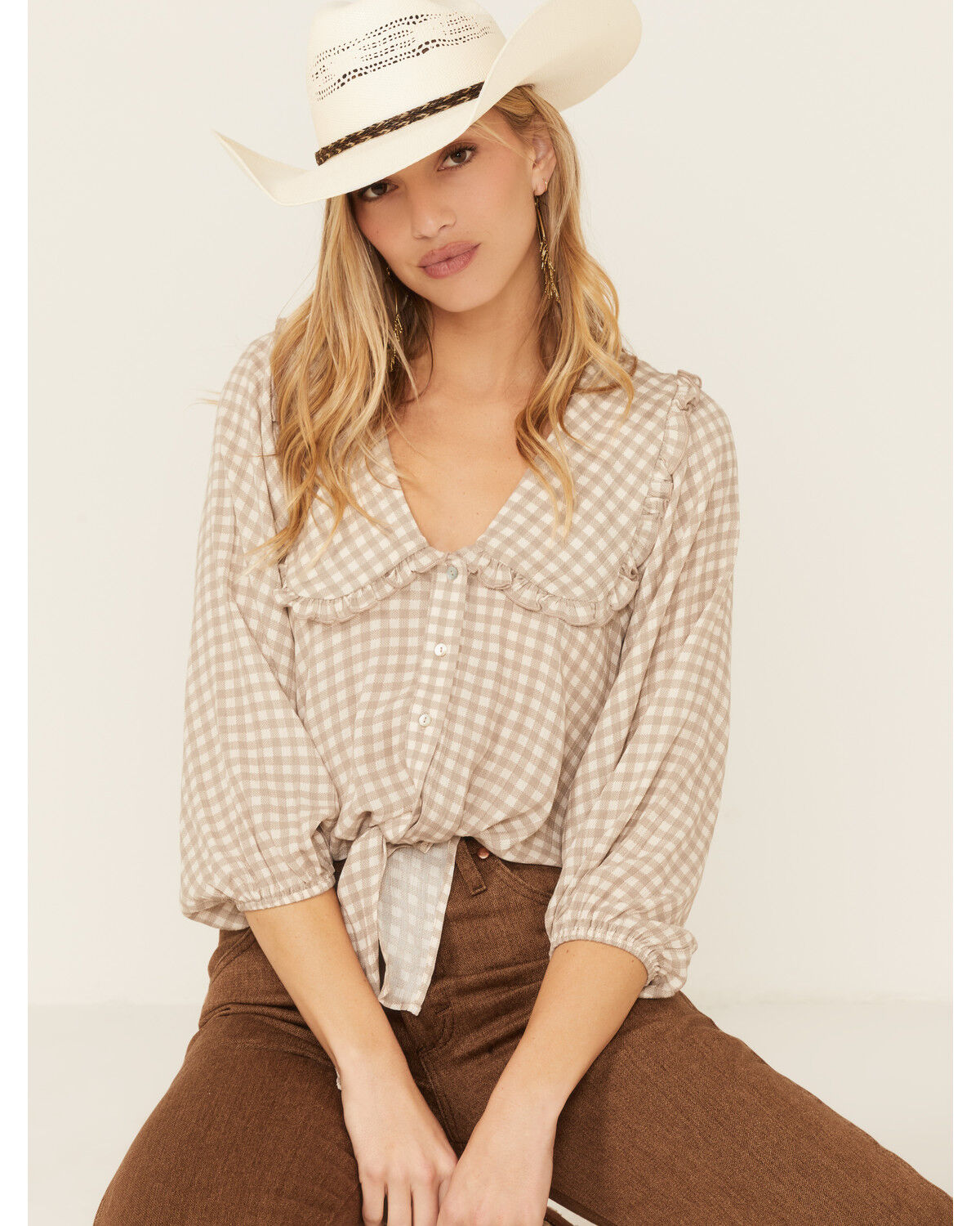 Image #2 - Wild Moss Women's Gray Gingham Large Collar Button Down Shirt, Grey, hi-res