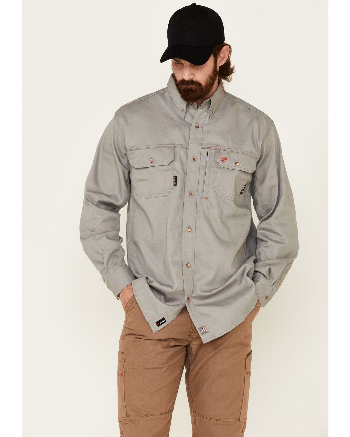 Ariat Men's FR Solid Vent Long Sleeve Button Down Work Shirt, Silver, hi-res