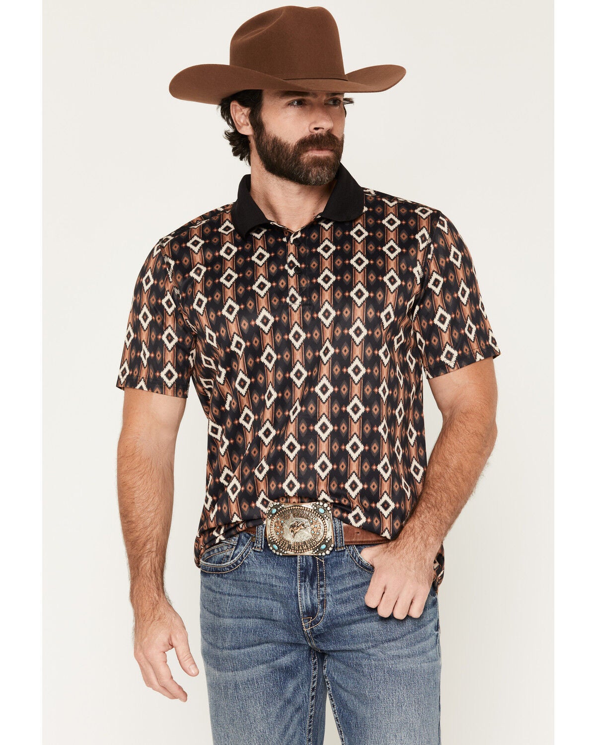 RANK 45&reg; Men's Desert Strike Southwestern Print Short Sleeve Button-Down Polo, Black, hi-res