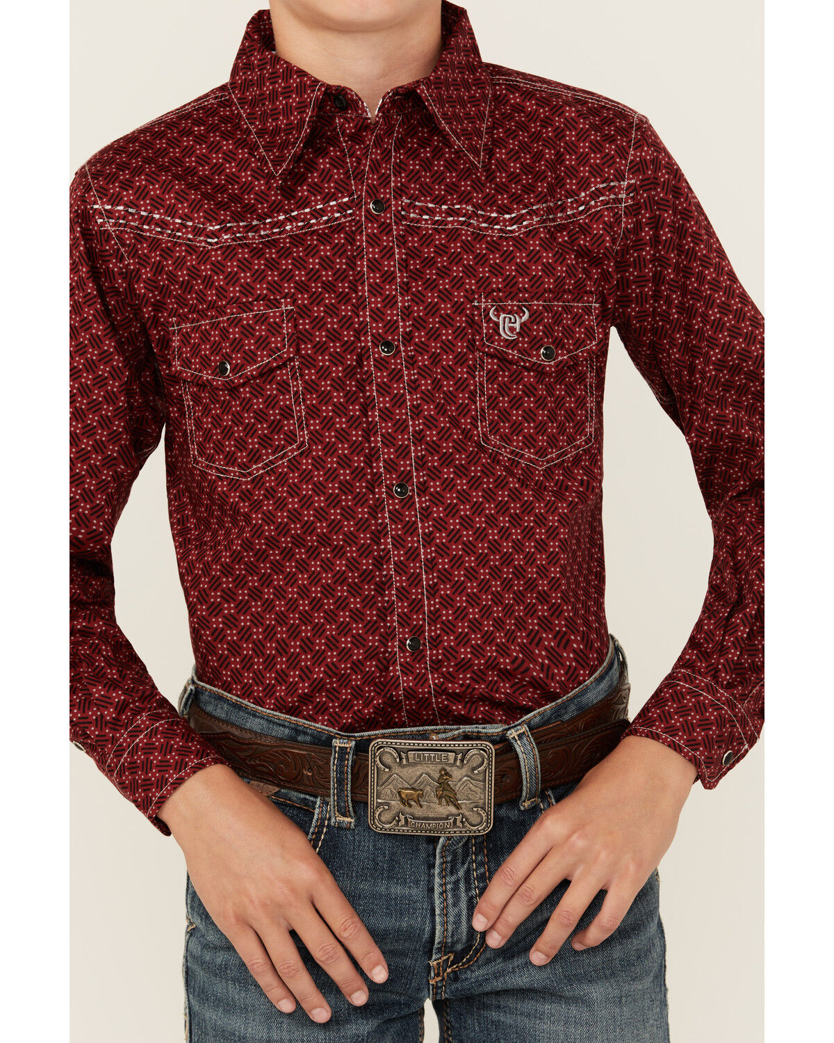 Image #3 - Cowboy Hardware Boys' Geo Print Long Sleeve Snap Stretch Western Shirt, Red, hi-res