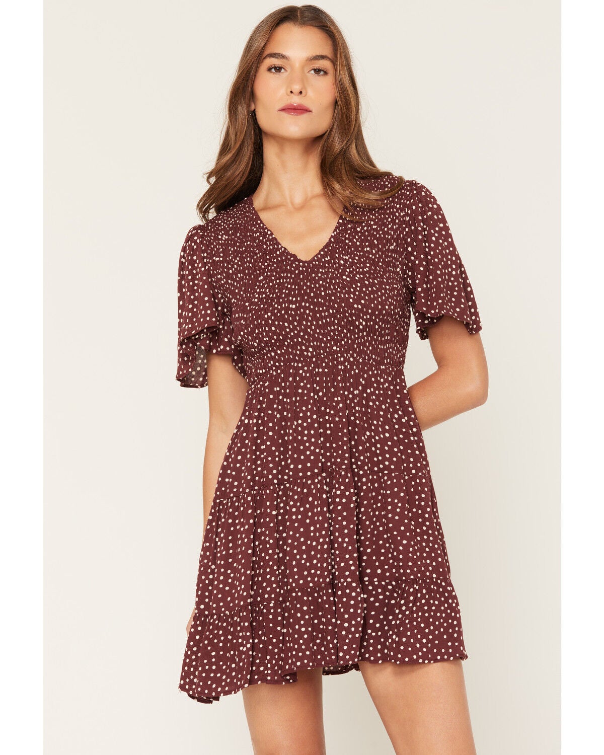 Image #1 - Angie Women's Polka Dot Flutter Sleeve Mini Dress, Brown, hi-res