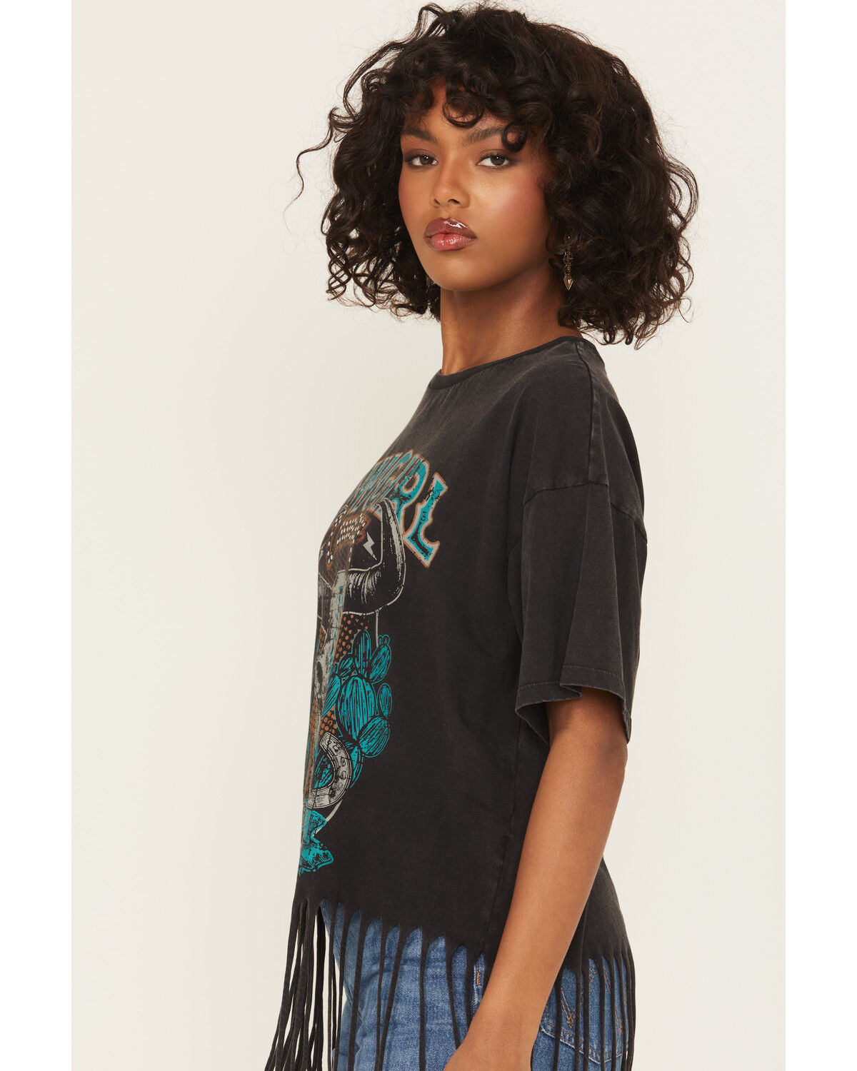 Image #2 - Rock & Roll Denim Women's Steer Short Sleeve Fringe Graphic Tee, Black, hi-res