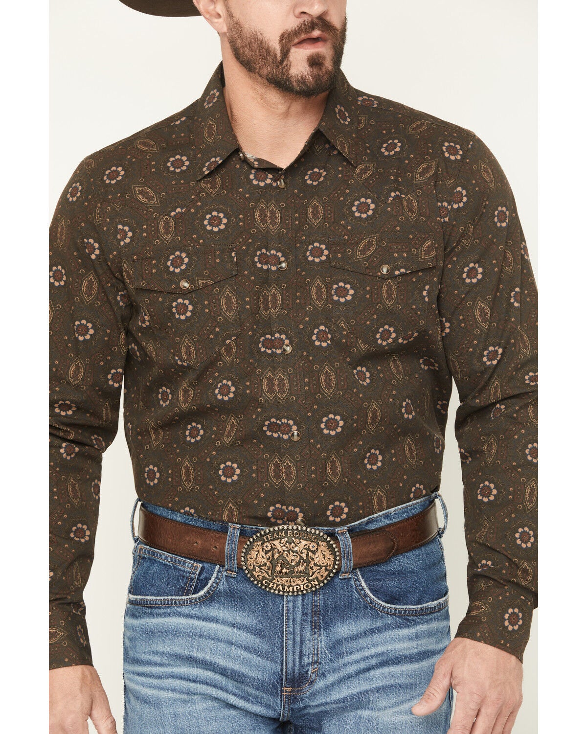 Image #3 - Gibson Trading Co Men's Bourbon Street Medallion Print Long Sleeve Snap Stretch Western Shirt - Tall, Brown, hi-res