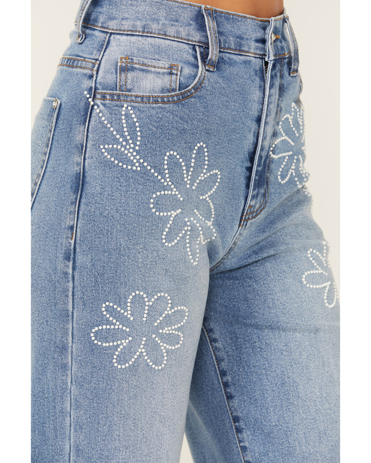 Image #2 - Vibrant Denim Women's Medium Wash High Rise Floral Stretch Wide Leg Jeans, Medium Wash, hi-res