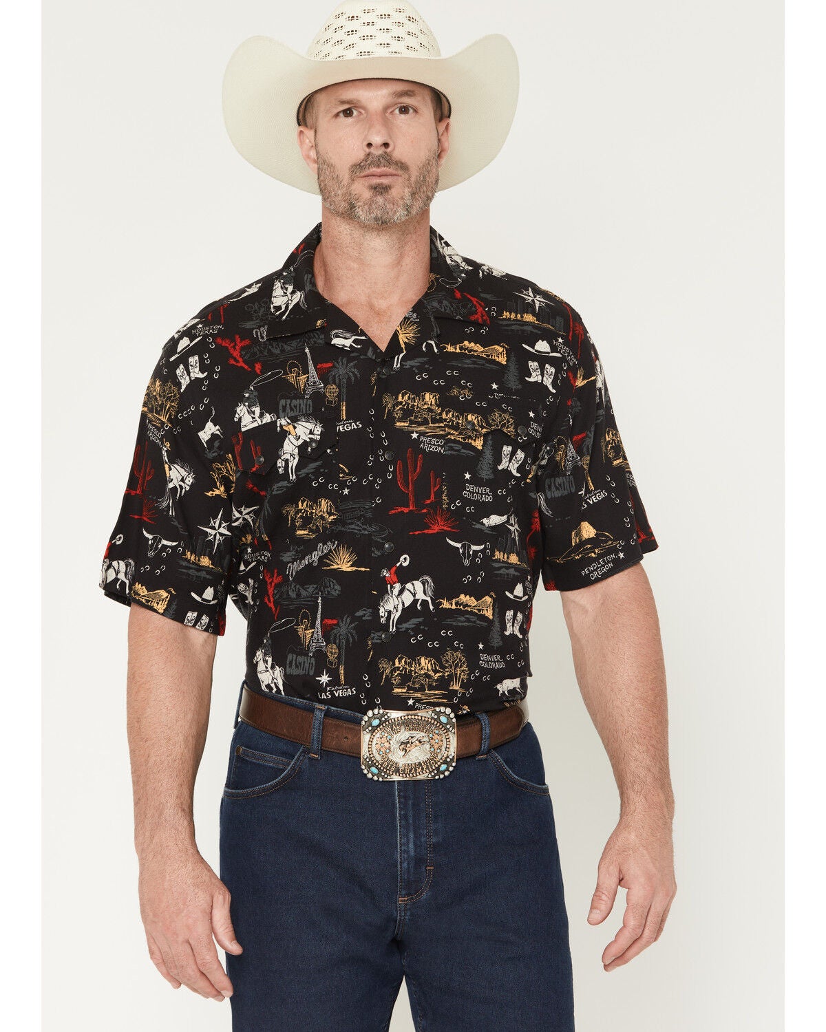 Image #1 - Wrangler Men's Coconut Cowboy Conversation Print Short Sleeve Snap Western Shirt, Black, hi-res