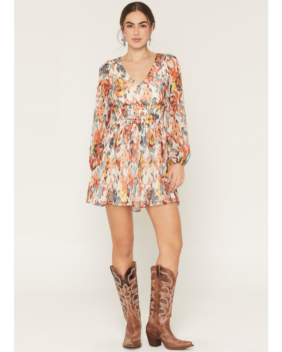 Shyanne Women's Floral Print Long Sleeve Mini Dress, Cream, hi-res