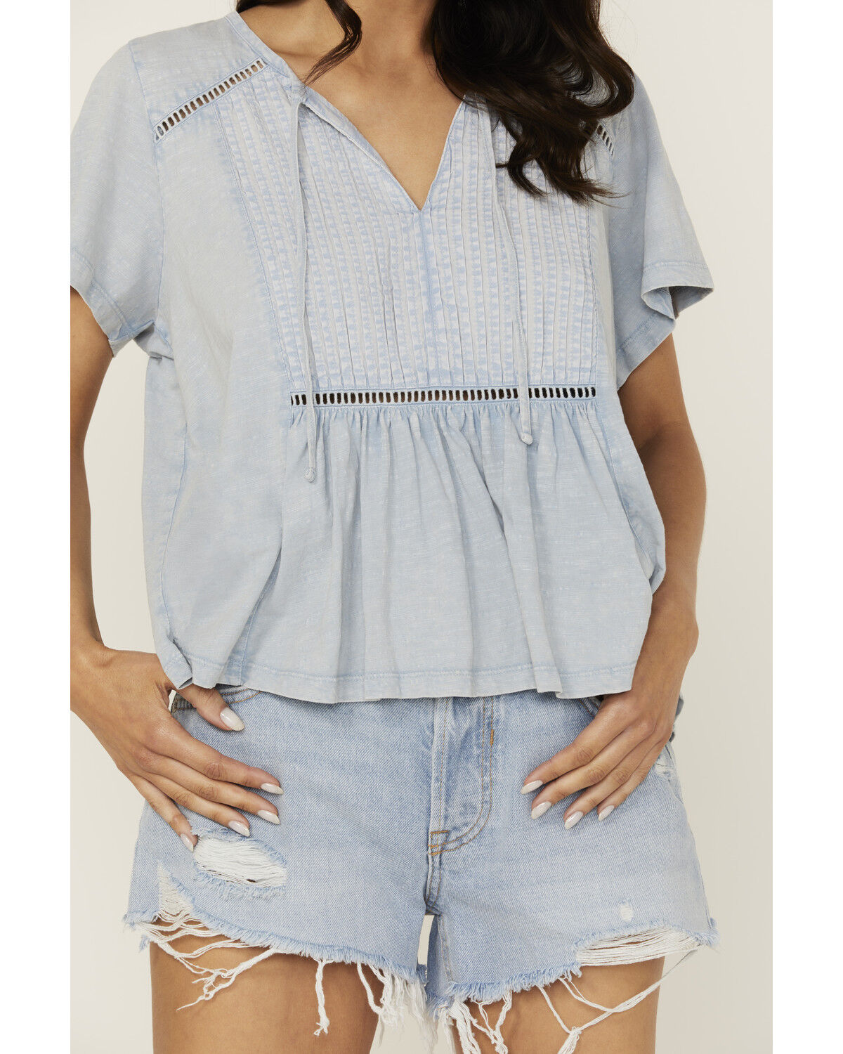 Image #3 - Cleo + Wolf Women's Bella Pintuck Detail Peasant Short Sleeve Blouse, Light Blue, hi-res
