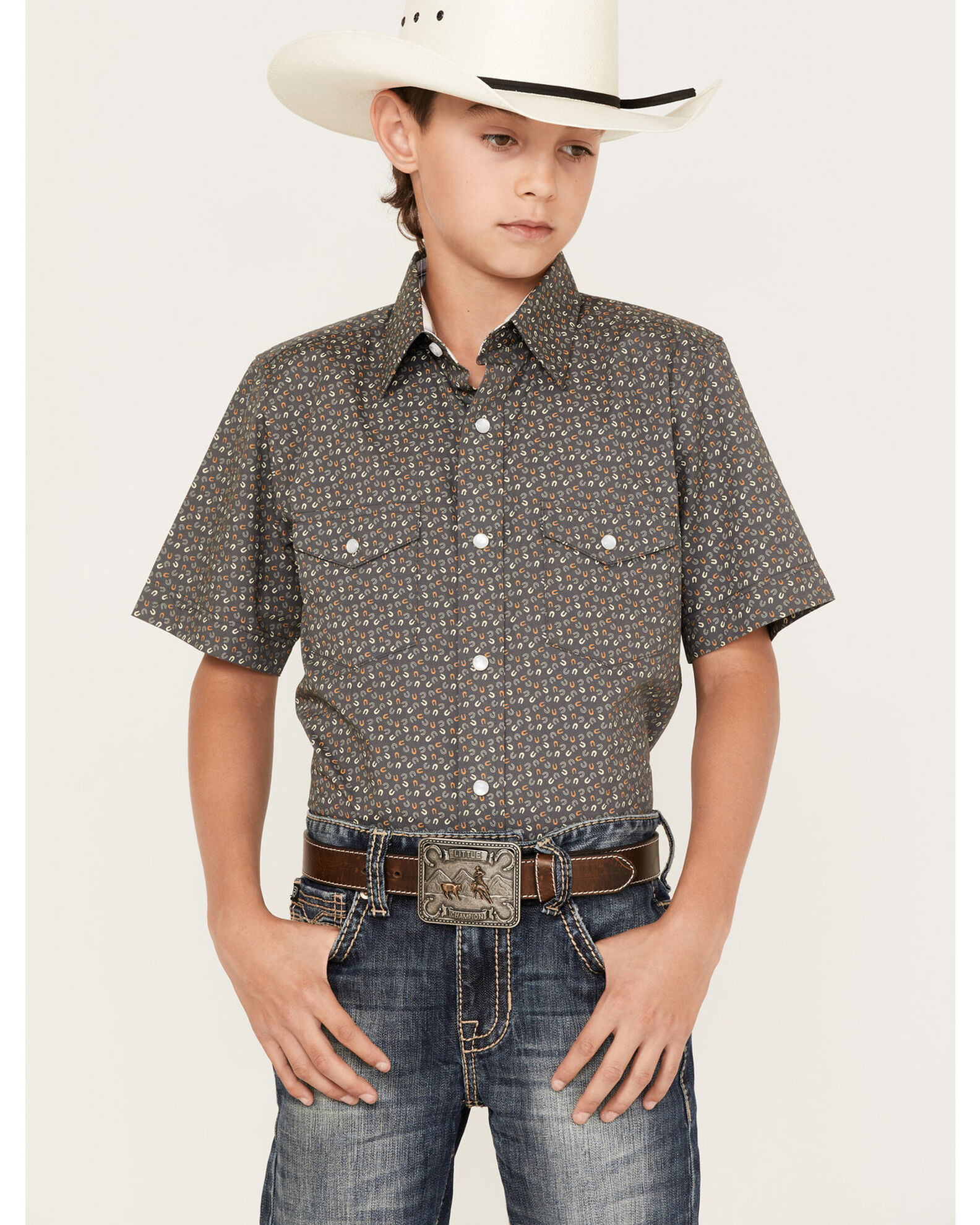 Panhandle Boys Horseshoe Print Short Sleeve Western Pearl Snap