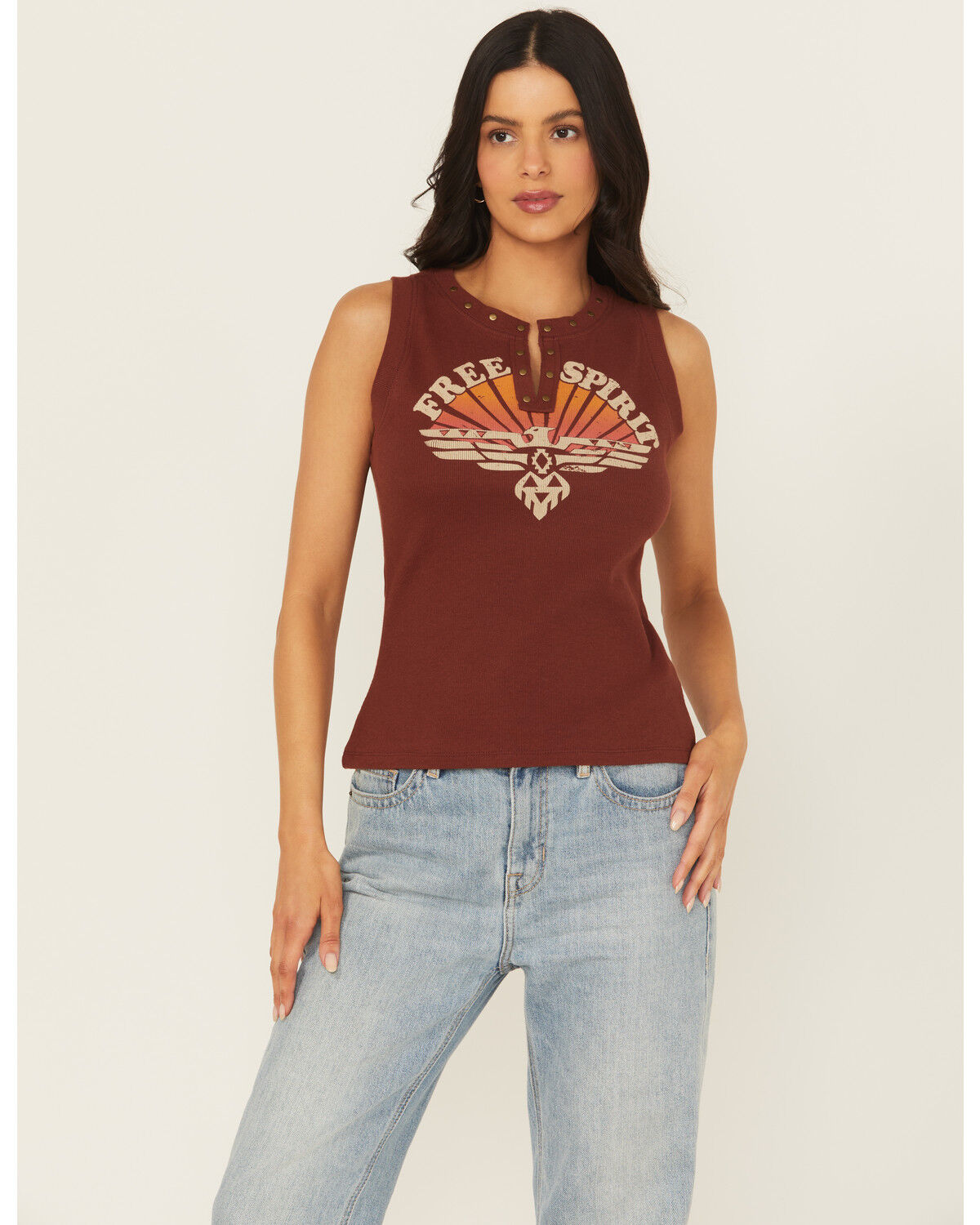 Image #1 - Shyanne Women's Free Spirit Studded Ribbed Tank, Mahogany, hi-res