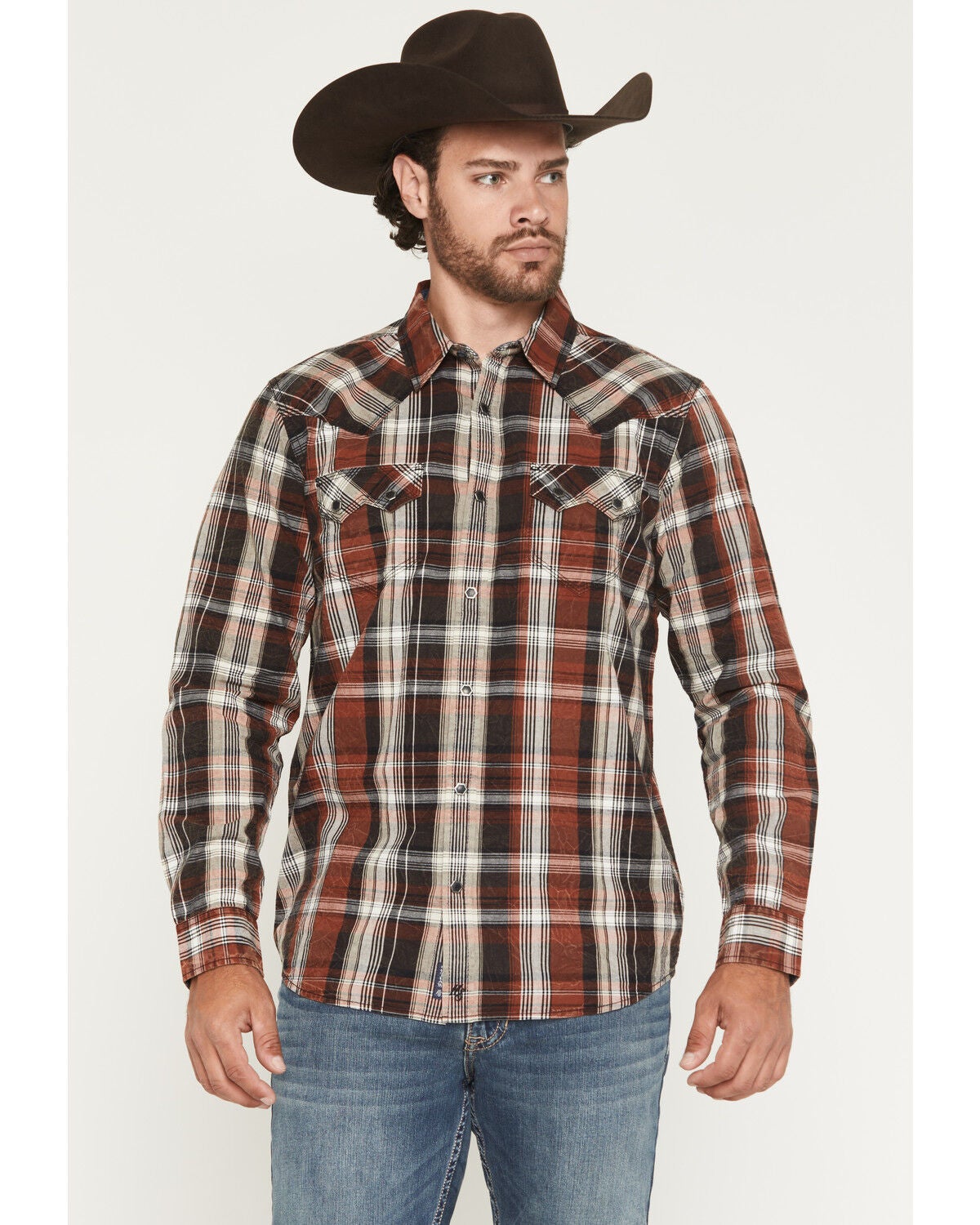 Moonshine Spirit&reg; Men's The Riff Crackle Plaid Print Long Sleeve Snap Western Shirt, Black, hi-res