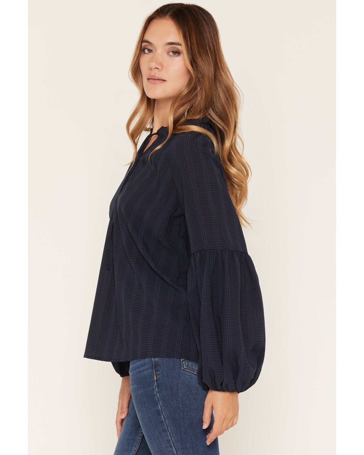 Image #2 - Lovestitch Women's Button Placket Peasant Blouse, Navy, hi-res