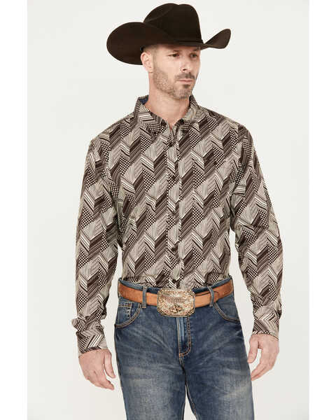 RANK 45® Men's Altonwon Striped Geo Print Long Sleeve Button-Down Western Shirt, Coffee, hi-res
