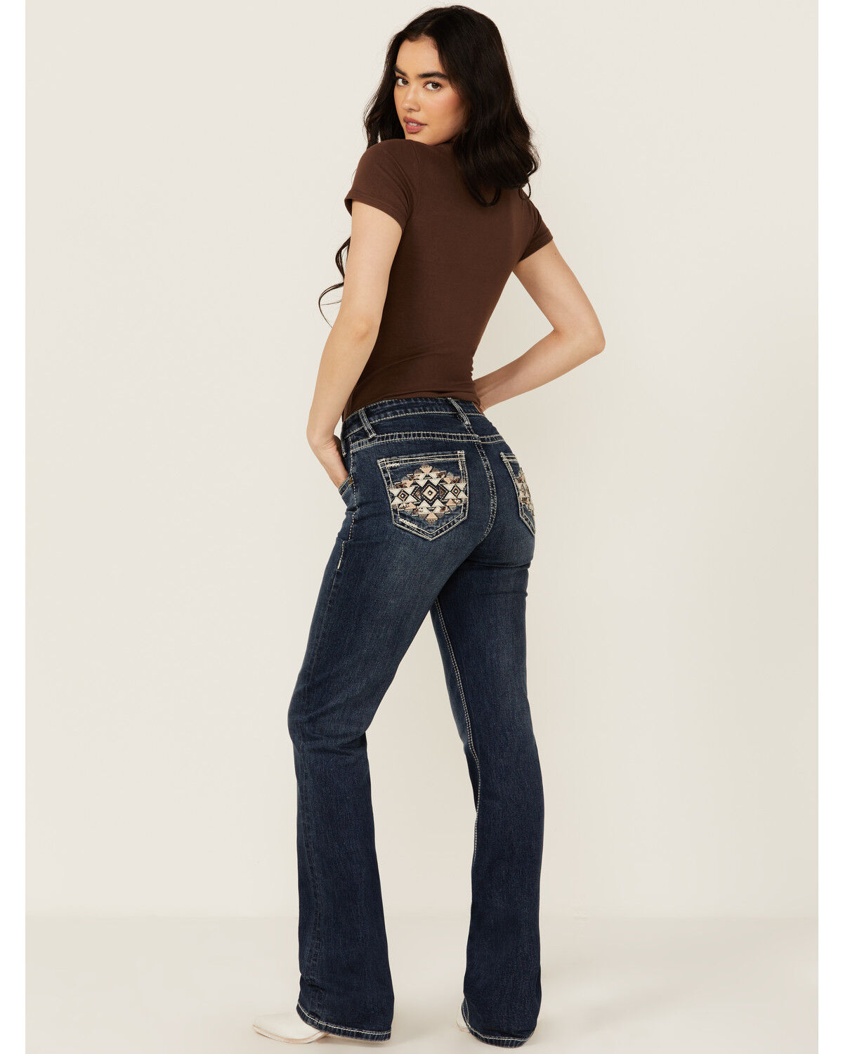 Image #1 - Rock & Roll Denim Women's Dark Wash Mid Rise Geo Pocket Bootcut Stretch Denim Jeans, Dark Wash, hi-res