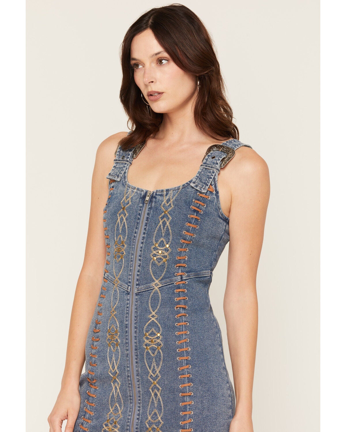 Image #2 - Blue B Women's Medium Wash Embroidered Denim Mini Dress, Medium Wash, hi-res