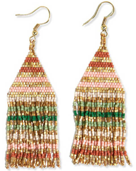 Image #1 - Ink + Alloy Women's Lexie Horizontal Gold Lines Beaded Fringe Earrings , Pink, hi-res