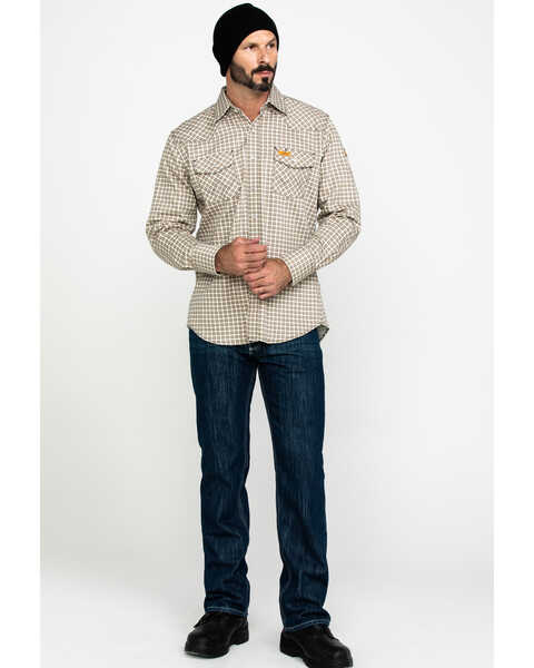 Image #6 - Wrangler Men's FR Plaid Print Long Sleeve Snap Work Shirt, Khaki, hi-res