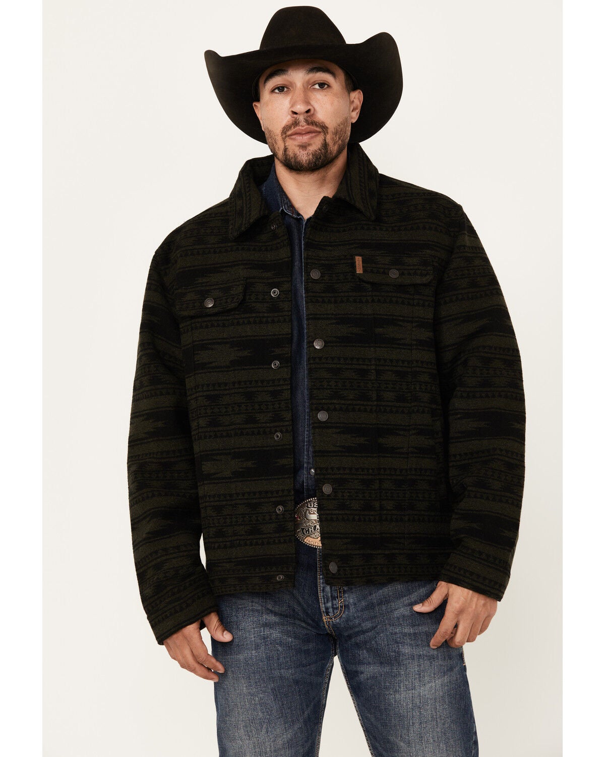 Cinch Men's Southwestern Jacquard Twill Trucker Snap Jacket, Forest Green, hi-res