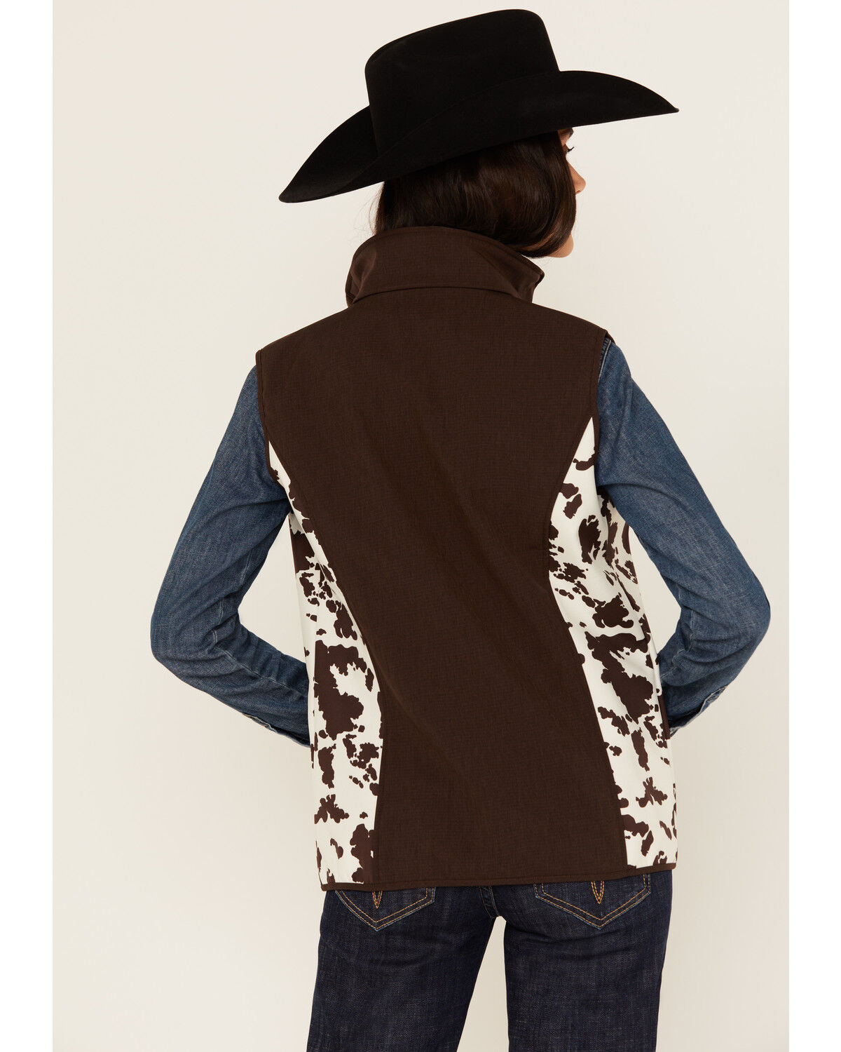 Image #4 - Cowgirl Hardware Women's Cow Print Softshell Vest, Brown, hi-res