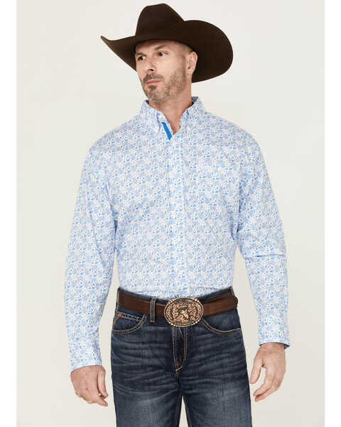 George Strait By Wrangler Men's Paisley Print Long Sleeve Button-Down Stretch Western Shirt , Blue, hi-res