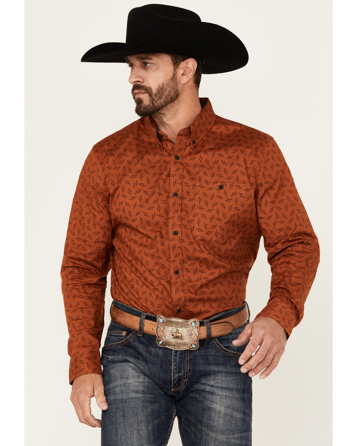 Image #1 - RANK 45® Men's Rough Neck Geo Print Long Sleeve Button-Down Stretch Western Shirt, Rust, hi-res